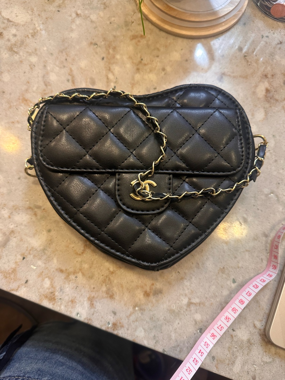 Black Quilted Heart Crossbody Bag with Gold Chain